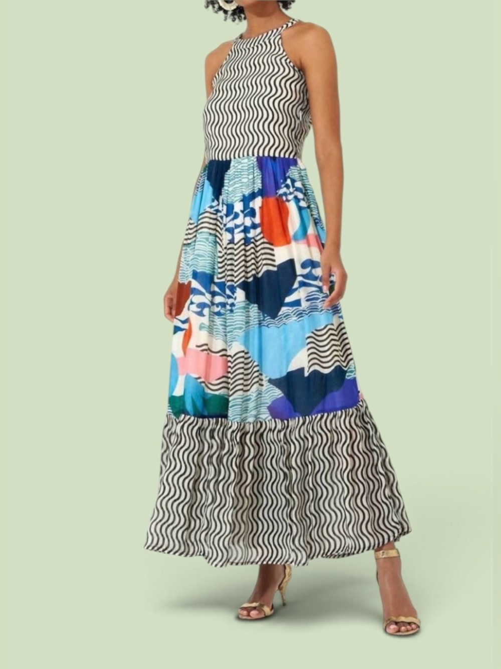 OLIPHANT Cotton/Silk Blend High Neck Maxi Dress Pacifica White/Black Striped XS